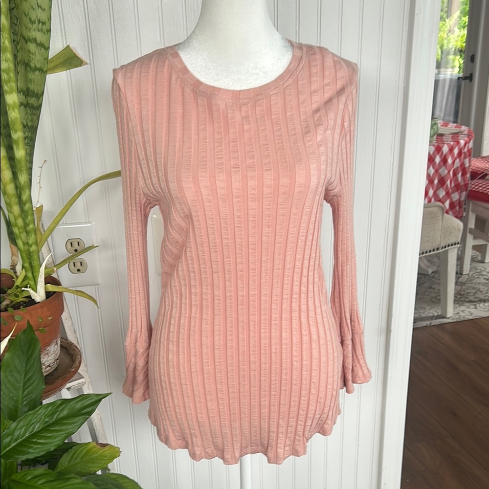 Westbound Pink Ribbed Long Sleeve Blouse